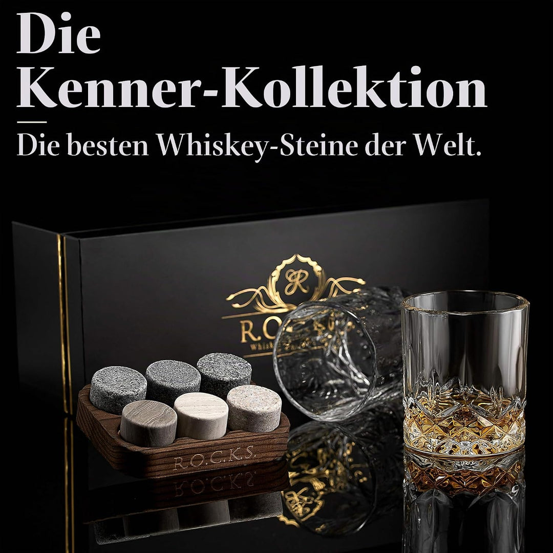 Whiskey Steine Set - 6 Handgefertigte Runde Granit Whisky Steine - 2 Kristall Whisky Gläser - Präsen