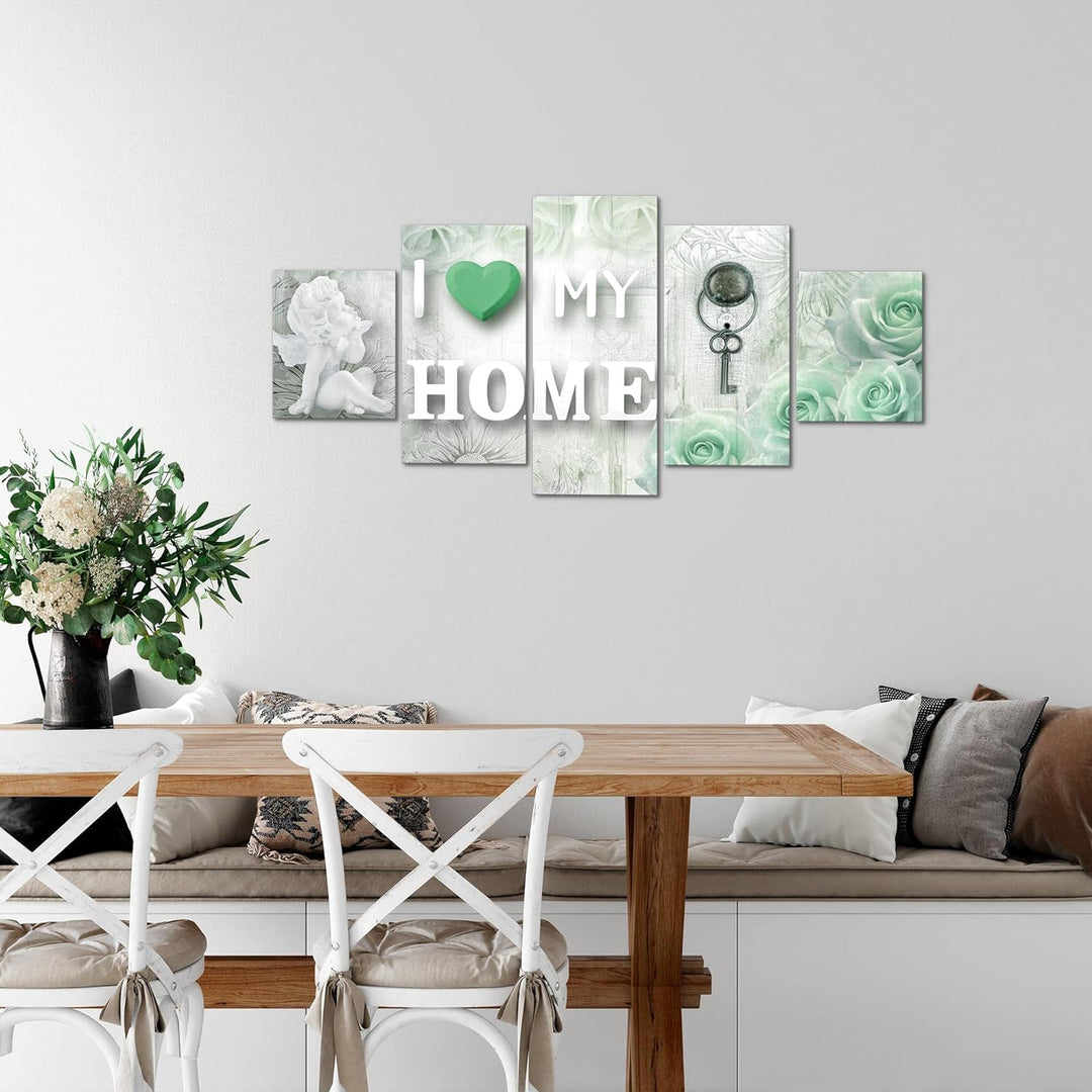 Runa Art Wandbilder Home Herz 5 Teilig Bild auf Vlies Leinwand Deko Wohnzimmer Holz Grau Grün 026252