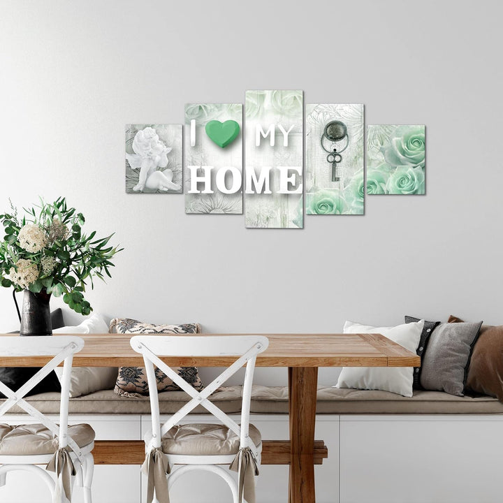 Runa Art Wandbilder Home Herz 5 Teilig Bild auf Vlies Leinwand Deko Wohnzimmer Holz Grau Grün 026252