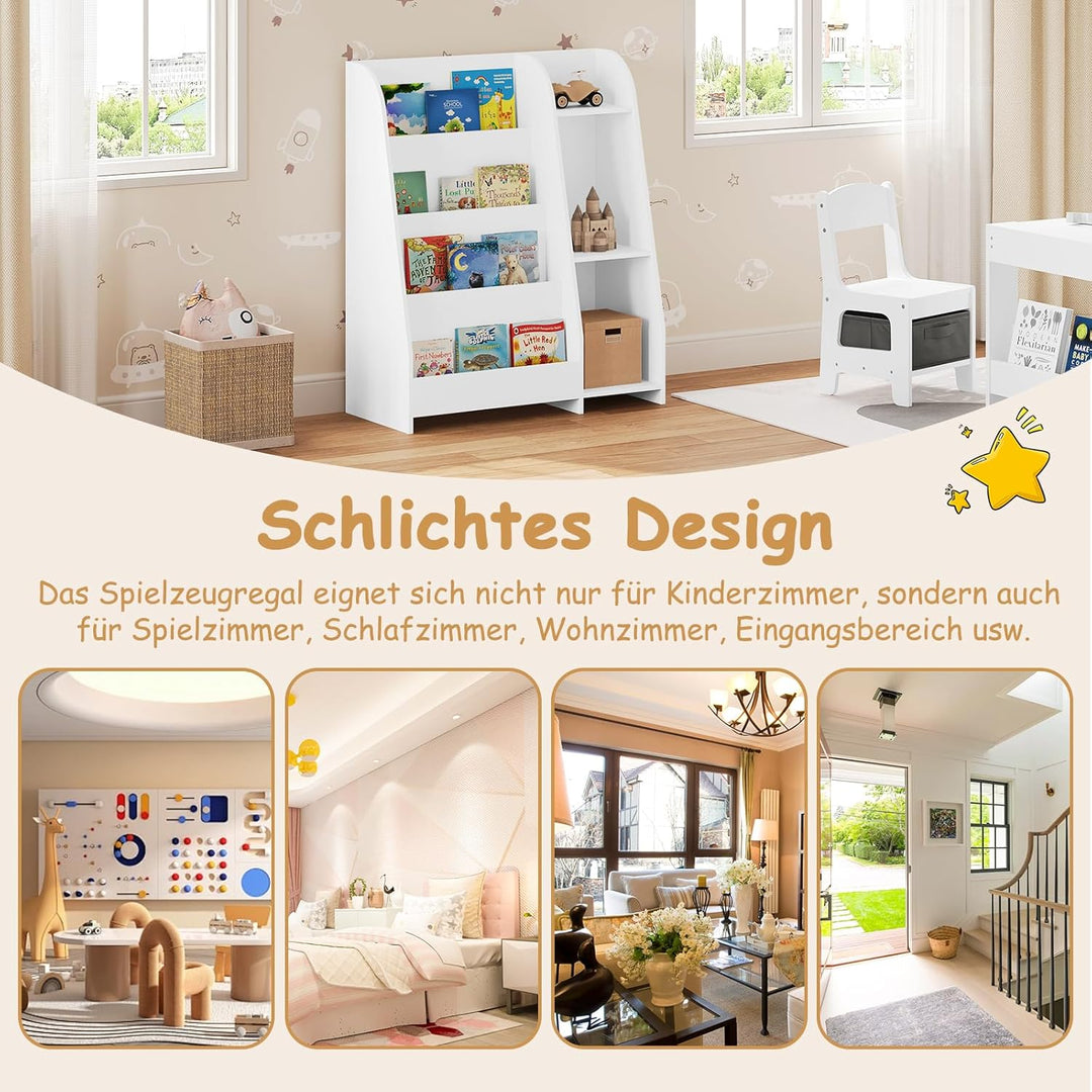 Lestarain Bücherregal Kinder, Montessori Kinderregal, Spielzeugregal, mit 4 Regalebenen und 3 Fächer