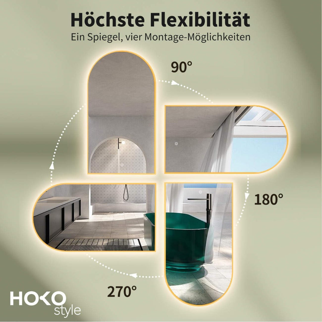 HOKO® Bogen LED Badspiegel 50x90 cm / 90x50 cm Oakland mit Goldener Metallrahmen, HOCH+QUER Montage.