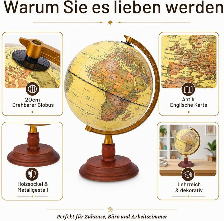 Exerz 20cm Antiker Globus Mit Holzfuss - Englische Karte - Für Kinder Büro Deko - Schülerglobus Mord