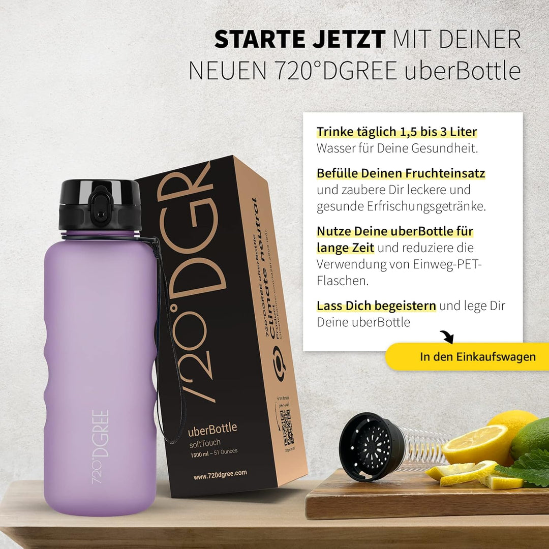720°DGREE Trinkflasche “uberBottle“ 350ml, 500ml, 650ml, 1l softTouch +Früchtebehälter - Auslaufsich