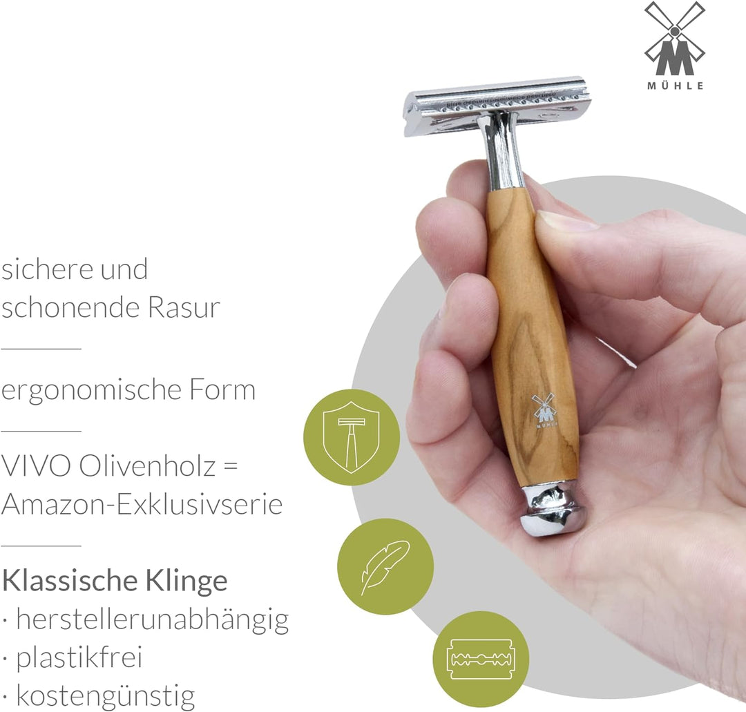 MÜHLE Vivo Rasierset - Black Fibre-Rasierpinsel, Rasierhobel, Ständer - Griffe aus Olivenholz und Me