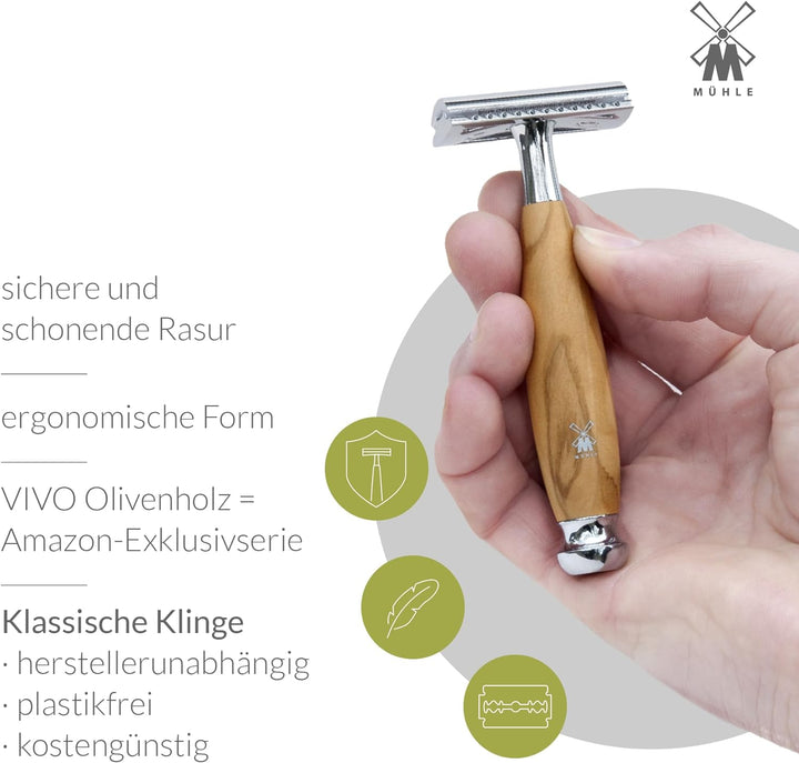 MÜHLE Vivo Rasierset - Black Fibre-Rasierpinsel, Rasierhobel, Ständer - Griffe aus Olivenholz und Me