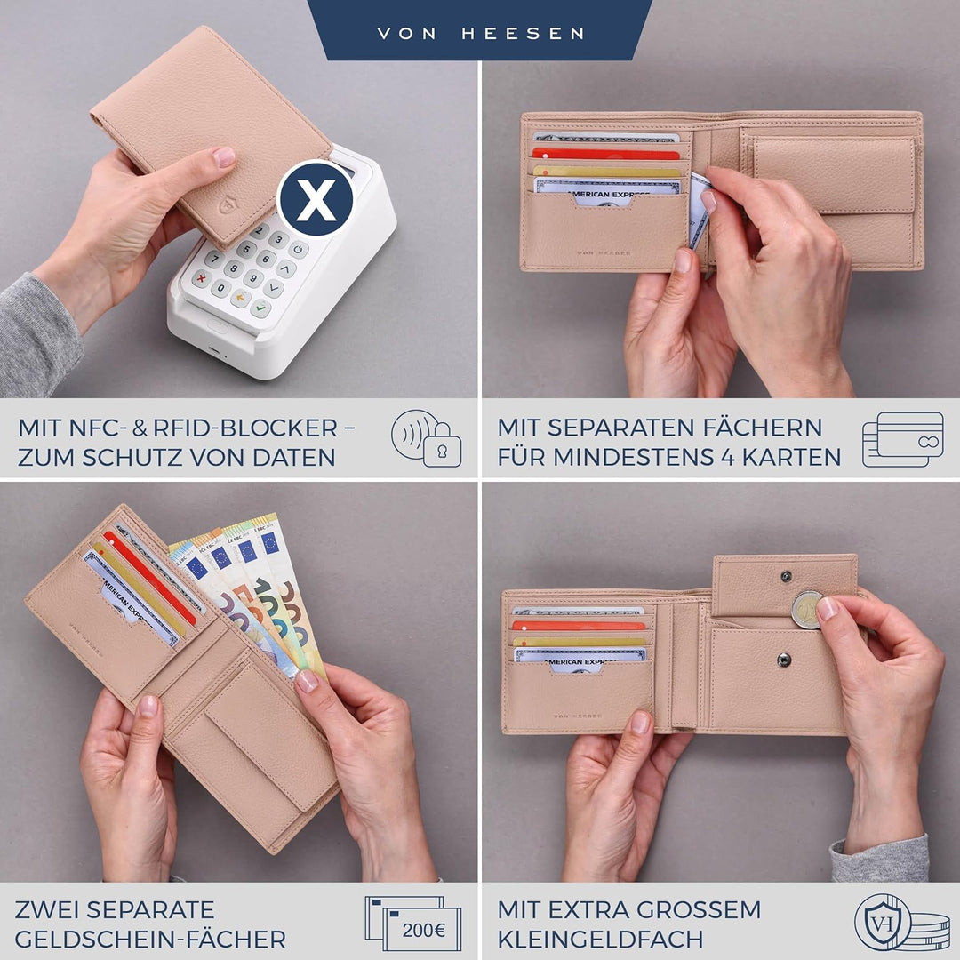 VON HEESEN Leder Geldbörse RFID Schutz I Echtleder Geldbeutel für Damen & Herren I Portemonnaie Brie