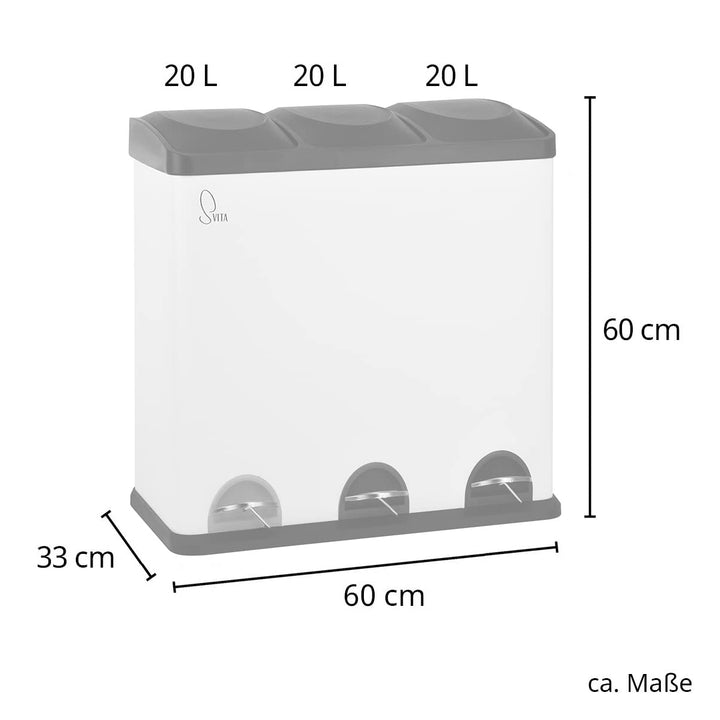 SVITA TC3X20 Treteimer 60 Liter 3x20L dreifach XXL Abfalleimer 3er-Mülleimer Mülltrennung Küchen-Eim