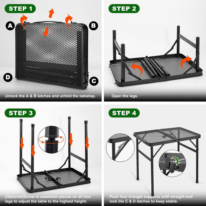 Odoland 2FT Faltbarer Campingtisch, höhenverstellbarer Grilltisch mit Mesh Desktop, Outdoor-Picknick