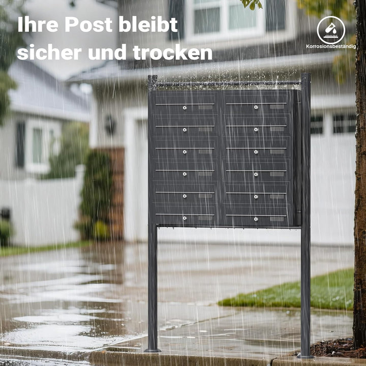 Wiltec 12er Briefkastenanlage Anthrazit 898 x 270 x 1500 mm, Standbriefkasten mit 2x6 Fächern, Schlü
