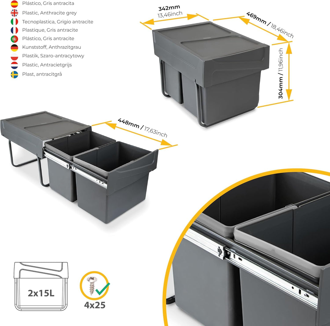 Emuca - Küchenabfalleimer mit unterseitiger Befestigung, 2 ausziehbarer 15 L Recycle-Mülleimer, Gesa