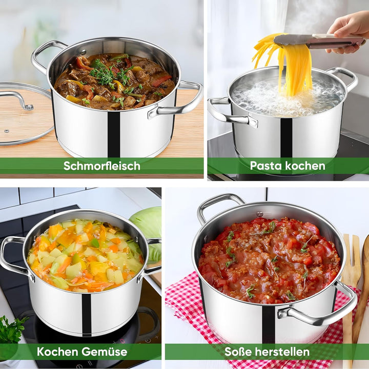24cm Kochtopf, Onader 3-Lagiger Boden Edelstahl Topf Induktion mit Glasdeckel, 5,6L Nudeltopf Suppen