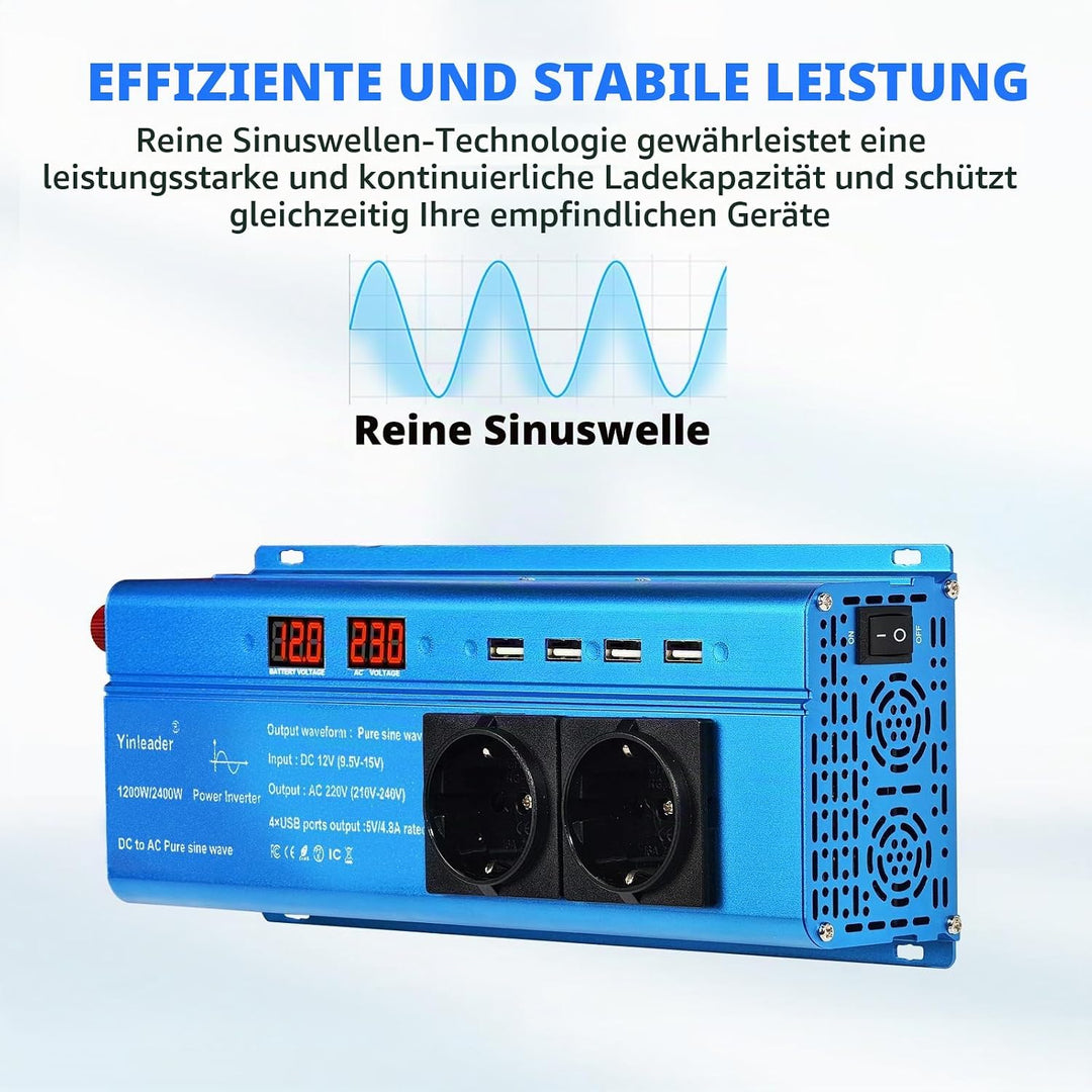 Yinleader Wechselrichter 12V 230V 1200W / 2400W Reiner Sinus-Spannungswandler 2 Steckdosen und 4 USB