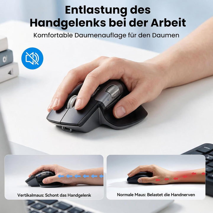 TECKNET Bluetooth Kabellose Maus, Turbo Scrollrad und Seitliches Mausrad Schwarz Mittel bis gross, S