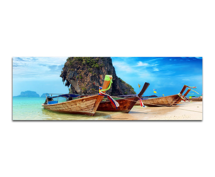 Paul Sinus Art Panoramabild auf Leinwand und Keilrahmen 150x50cm Thailand Strand Meer Felsen Boote H