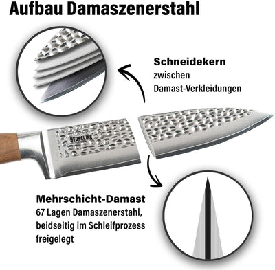 STONELINE Hammerschlag Damastmesser Allzweck-Messer 24 cm, extrem scharfe 12 cm Klinge aus 67 Lagen,