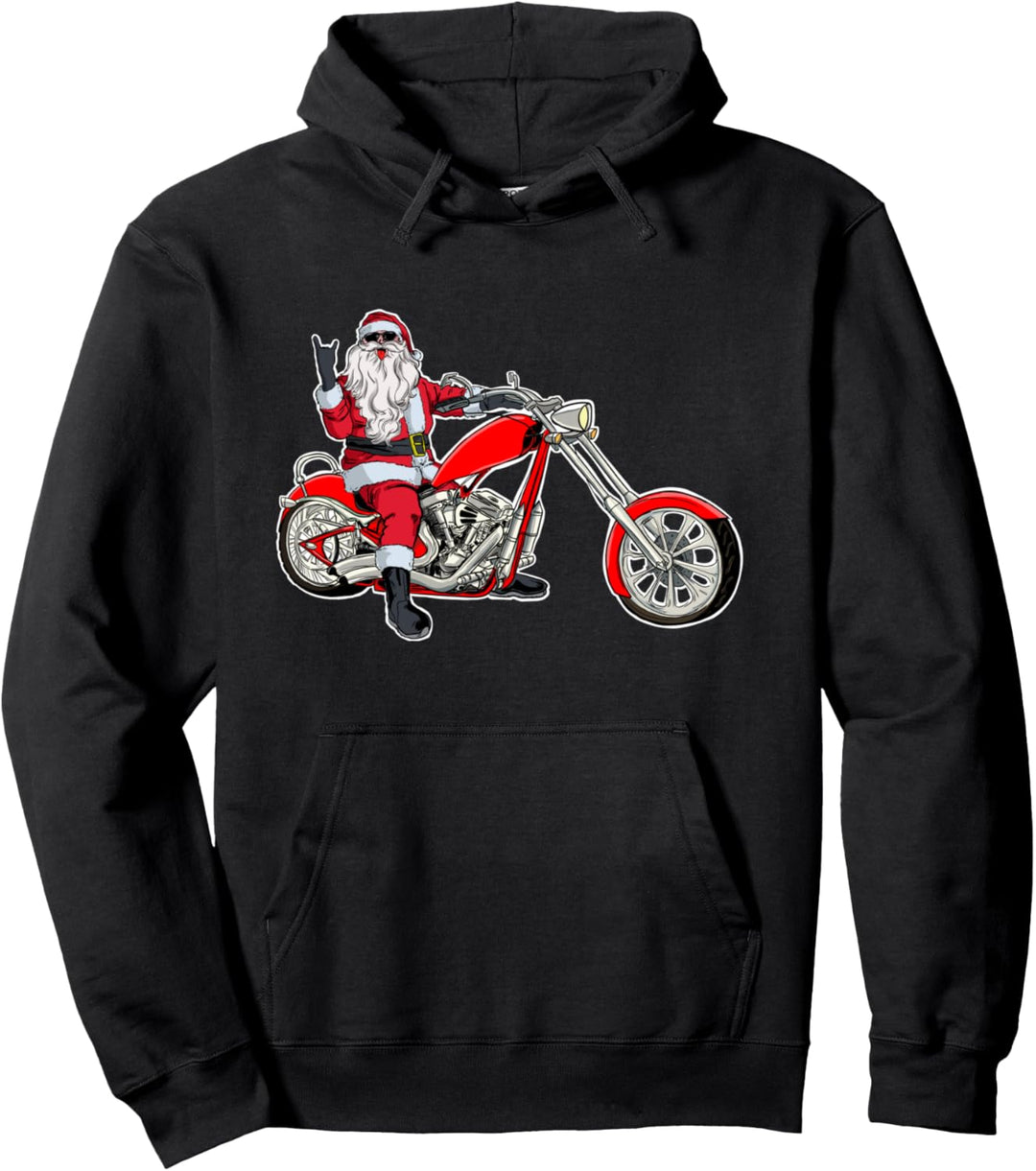 Metal Santa funny Santa Claus Riding a Motorcycle Pullover Hoodie