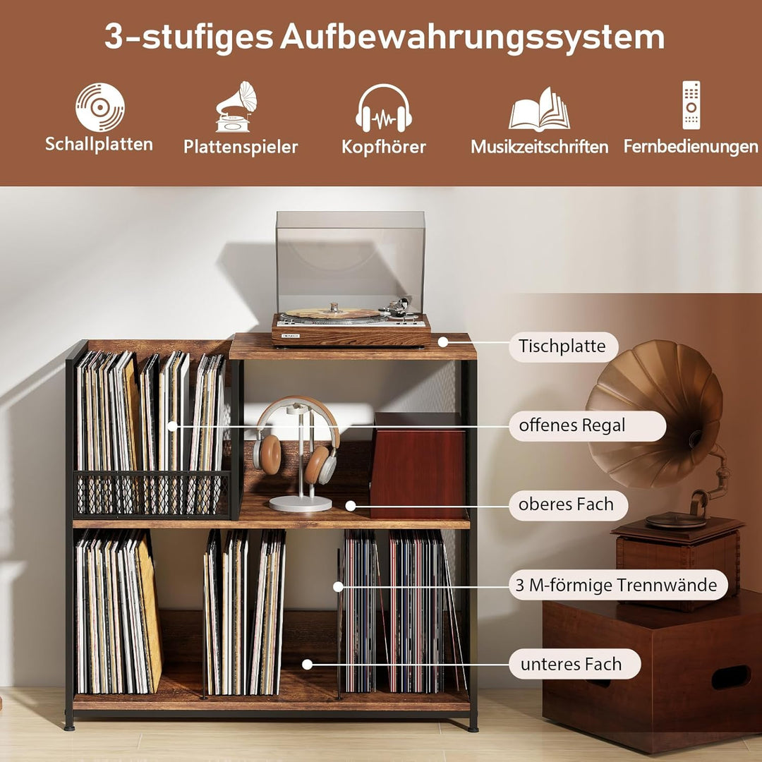 COSTWAY 3-stöckiger Plattenspielerständer für bis zu 300 Alben, Grammophontisch mit 3 herausnehmbare