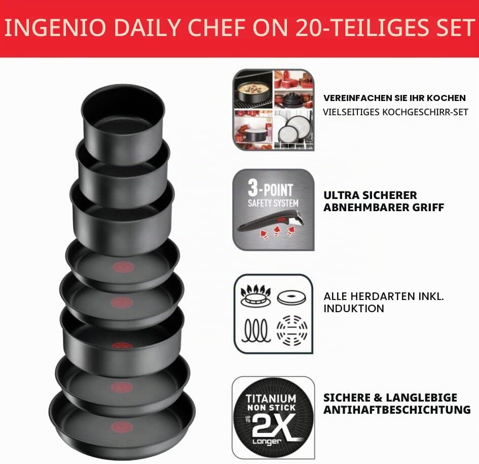 Tefal Ingenio L7619402 Kochgeschirr, 20p, Pfannen, Töpfe, Induktion, widerstandsfähige Antihaftbesch