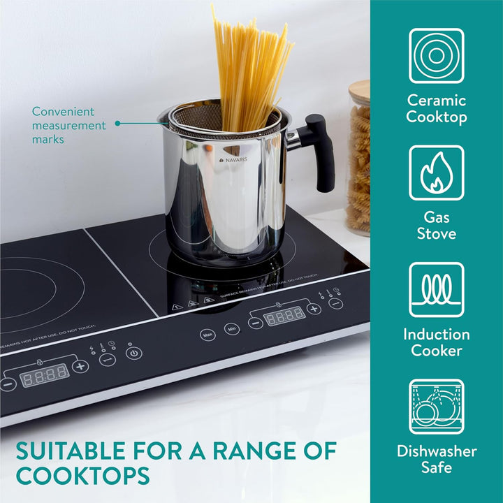 Navaris 3,4L Pasta Multi-Kochtopf - Integriertes Abtropfsieb & Frittierkorb - Für Induktions-, Keram