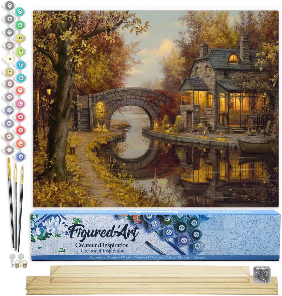 Figured'Art Malen Nach Zahlen Erwachsene Mit Rahmen Landhaus im Herbst - Paint by Numbers Basteln DI
