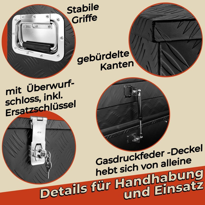 Trucky Truckbox Deichselbox aus Aluminium, in Schwarz, Abschliessbar, Robustes Riffelblech, Für Werk