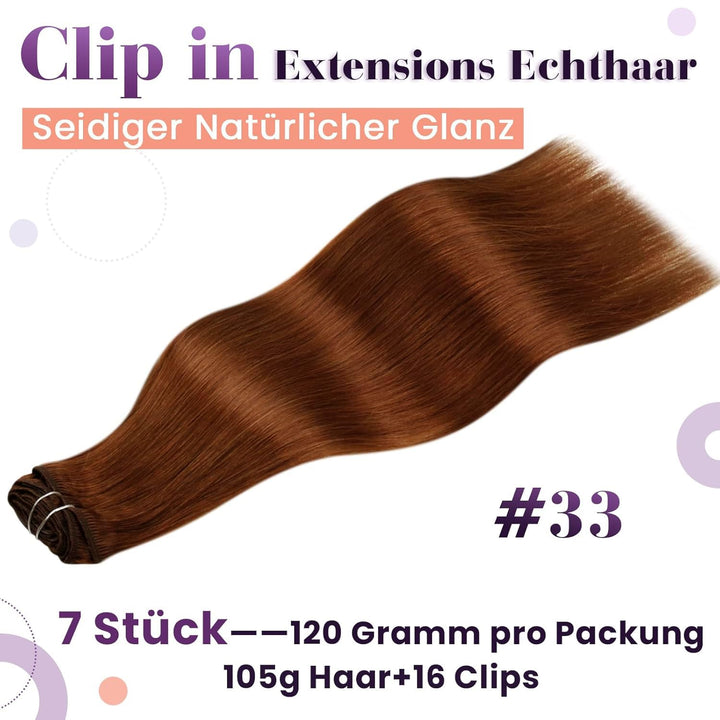 LaaVoo Clip in Extensions Echthaar,Rotbraun Haarverlängerung Clip in Echthaar Extensions Clip in Ech