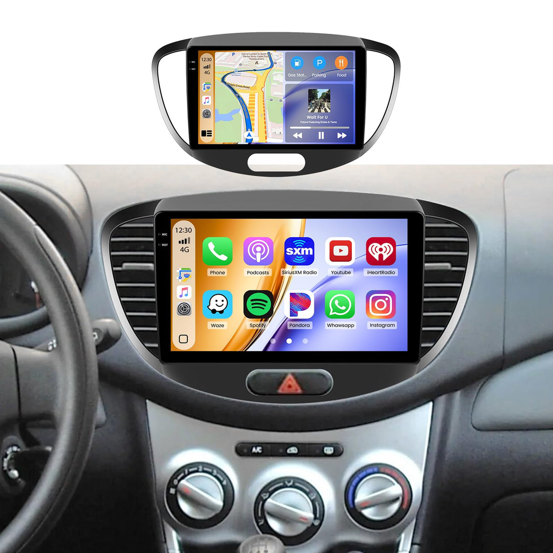 Hikity 4+128G Android 15 Autoradio für Hyundai I10 2007-2013, 9" Bildschirmradio mit Wireless CarPla