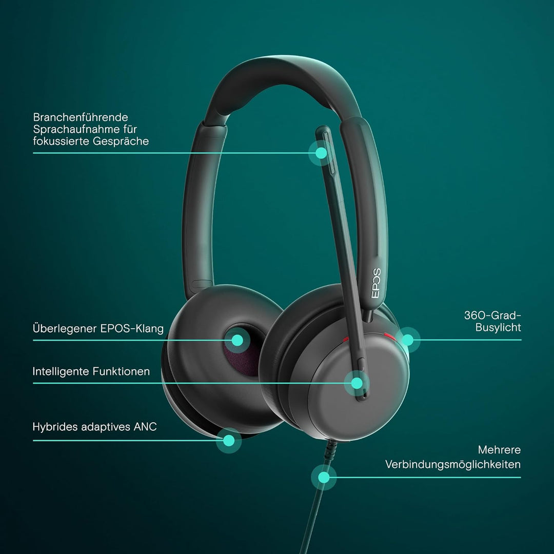 EPOS IMPACT 860 ANC Doppelseitiges USB C und USB A Headset mit Aktiver Geräuschunterdrückung,Super W