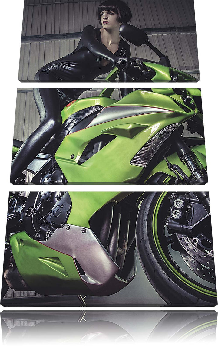 Pixxprint Sexy Neongrünes Bike mit Model 3Teiler 120x80 cm Leinwandbild Wandbild Kunstdruck