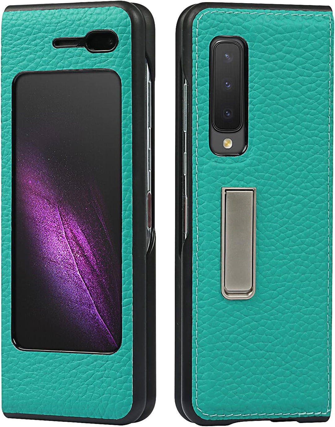 Handyhülle für Samsung Galaxy Fold, Ultradünn Luxus Litchi Korn Echtes Leder Hüllen mit Standfunktio