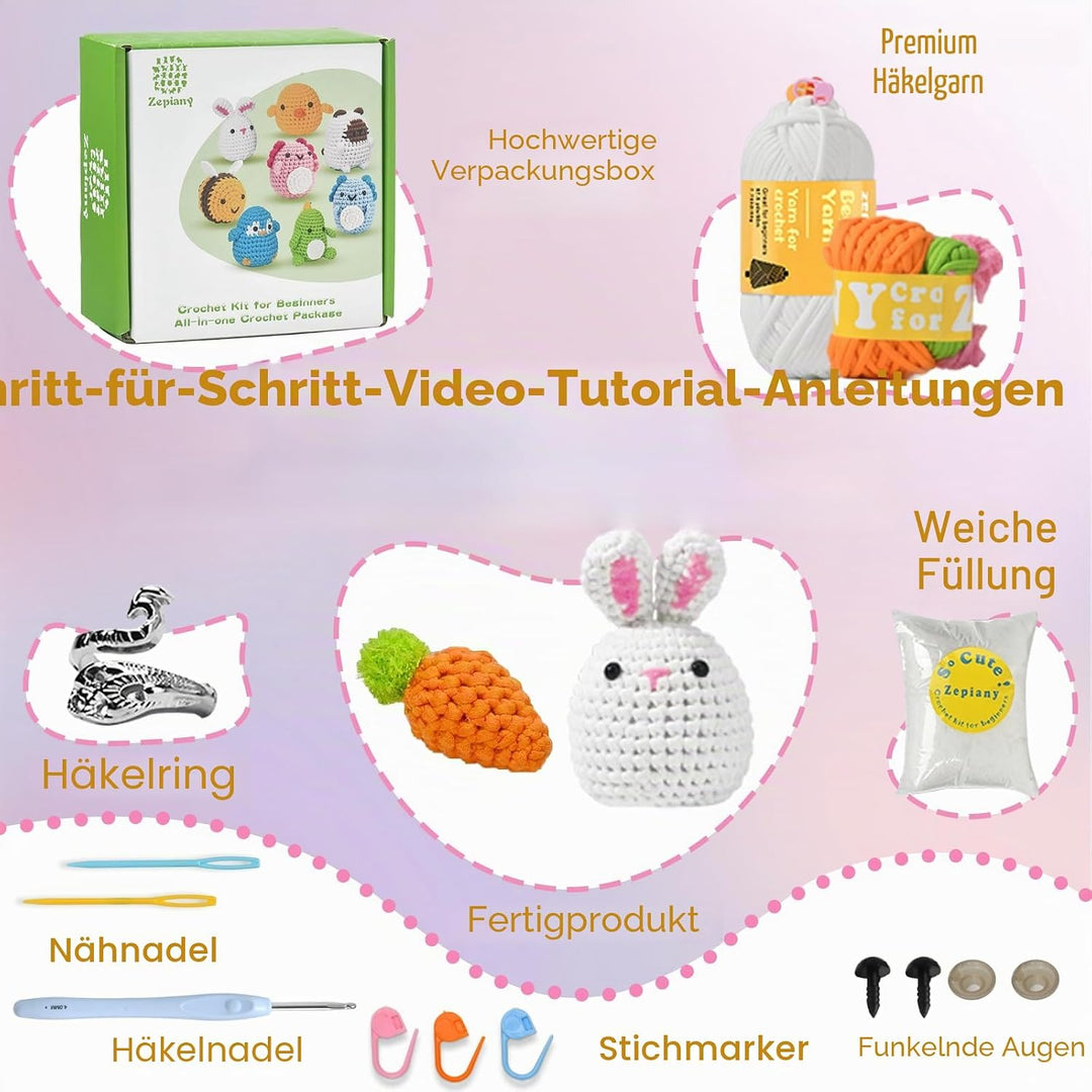 Zepiany Häkelsets für Anfänger – All-in-One Häkelset Tiere, Deutsches Video-Anleitungen zum Selberma