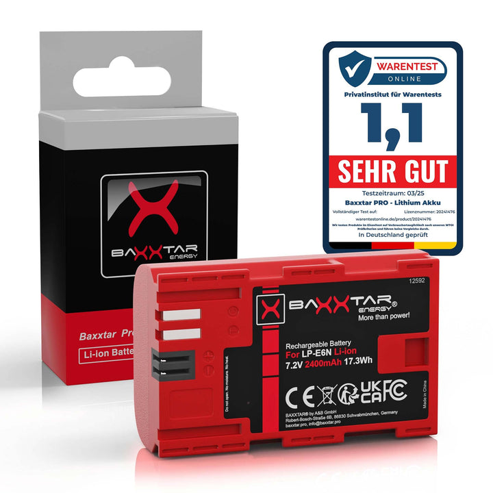 Baxxtar LP-E6N Akku 2400mAh Ersatzakku kompatibel mit Canon EOS 5D Mark II Mark III 5DS R5 R 6D 7D 6