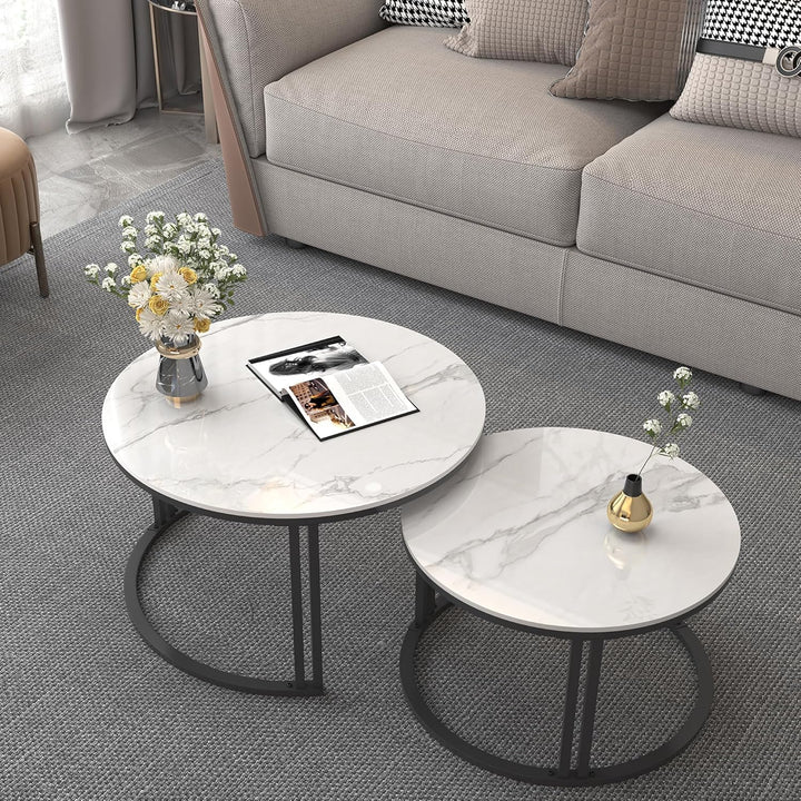 FATIVO Marmor Couchtisch 2er Set, Weiss Satztisch Rund Wohnzimmertisch mit schwarz Metallrahmen - Sa
