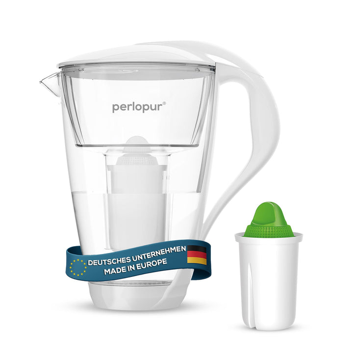 GLAS-Wasserfilter PerloPur (weiss) mit 1 Alkaline classic Filterkartusche - Made in EU weiss Alkalin