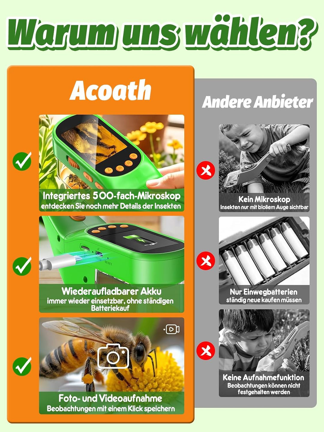Acoath Insektenfänger 2,4-Zoll Mikroskop, Entdecker Set für Kinder ab 5 Grün, Grün