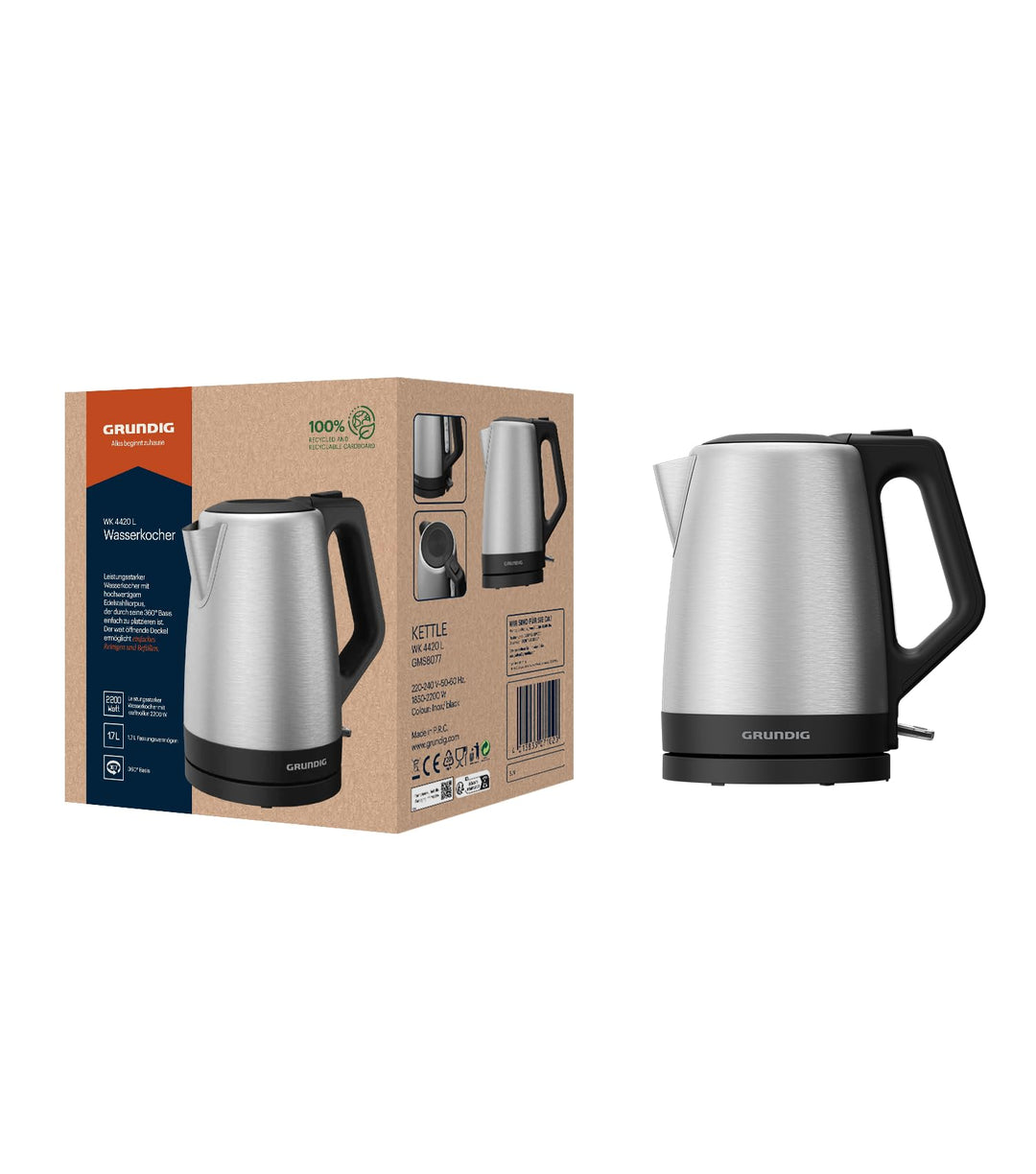 Grundig WK 4420 L Wasserkocher, 2.200 W Leistung, 1,7 l, Kabelaufwicklung, automatische Abschaltung,