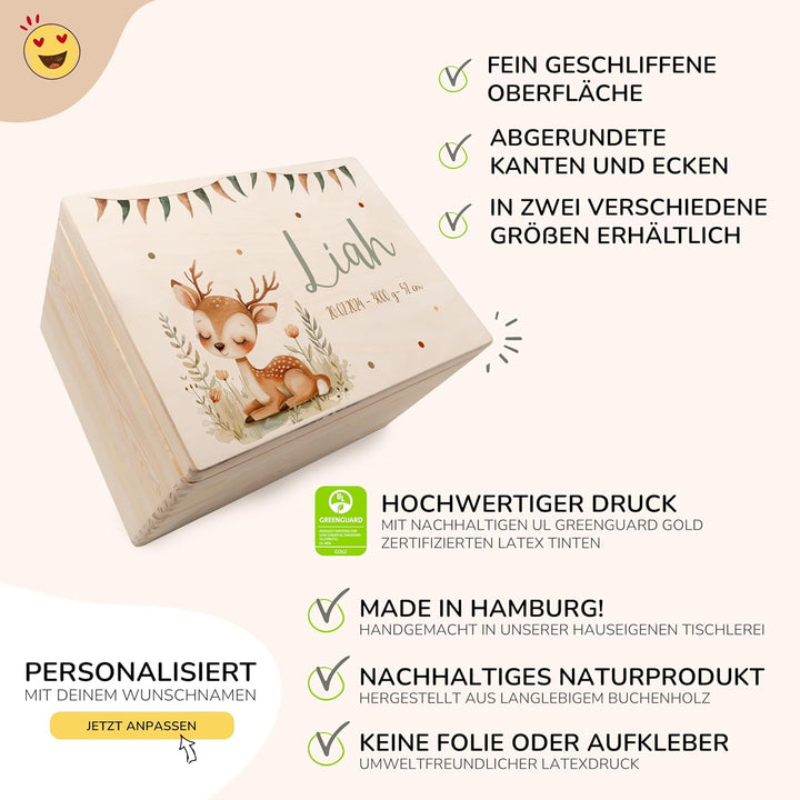 KIDSMOOD - Erinnerungsbox Baby, personalisierte Holzkiste mit Deckel, Ideal zur Aufbewahrung von Eri