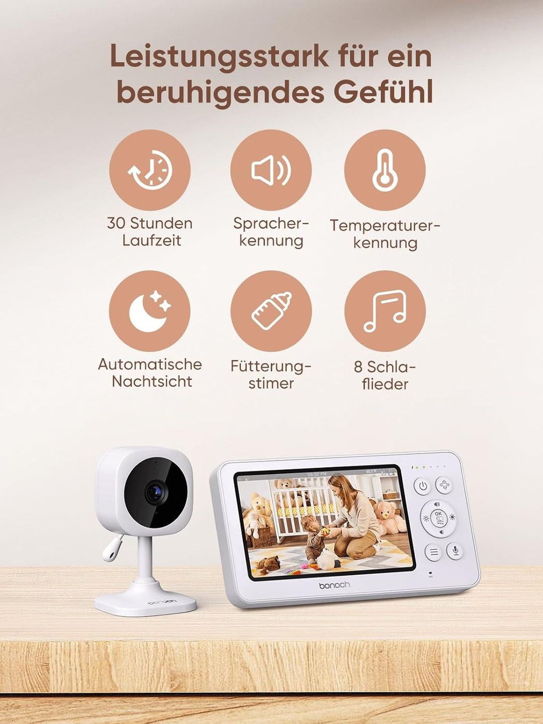 bonoch 4,3 Zoll Babyphone mit Kamera, 720p 4000mAh Akku Video Babyphon ohne WLAN, Nachtsicht, Beidse