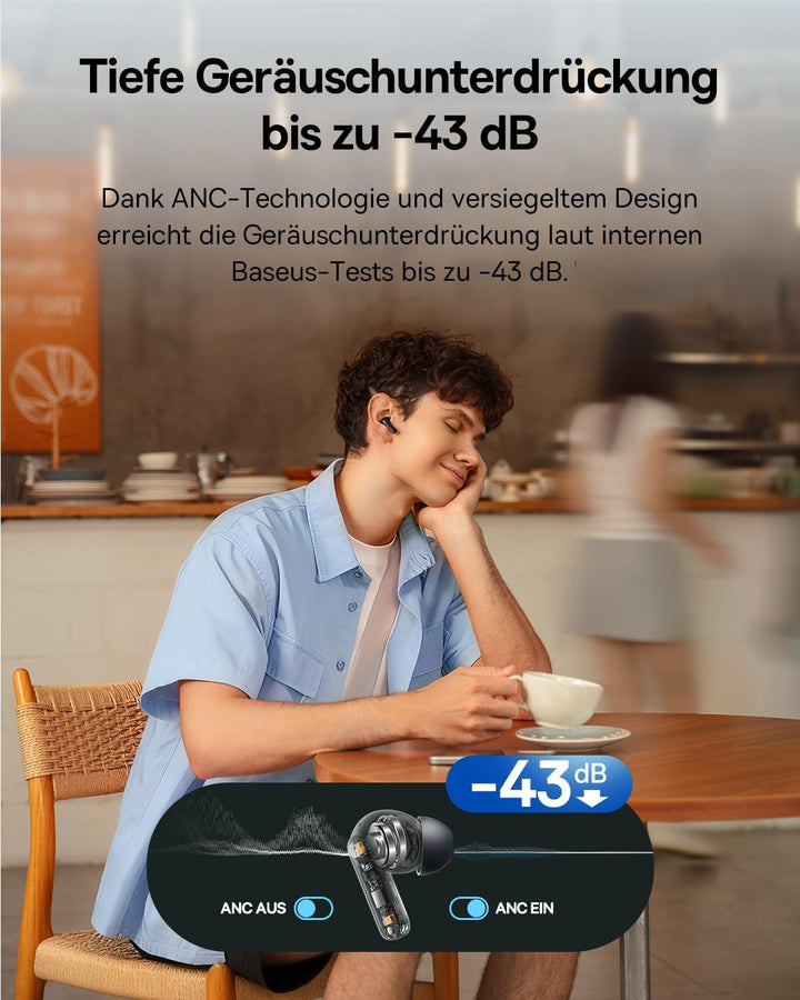 Baseus EP10 NC In Ear Kopfhörer Bluetooth Noise Cancelling, Bluetooth Kopfhörer mit -43 dB ANC, Adap