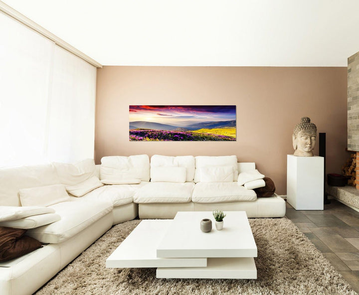 Paul Sinus Art Panoramabild auf Leinwand und Keilrahmen 120x40cm Ukraine Blumenwiese Berge Abendsonn