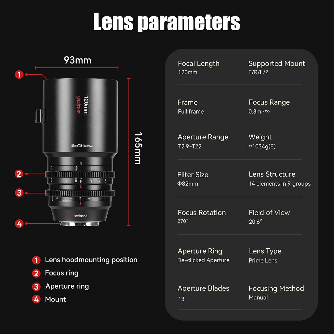 7artisans 120 mm T2.9 Macro 2X Cine-Objektiv, manuelles Cine-Objektiv mit festem Fokus, kompatibel m