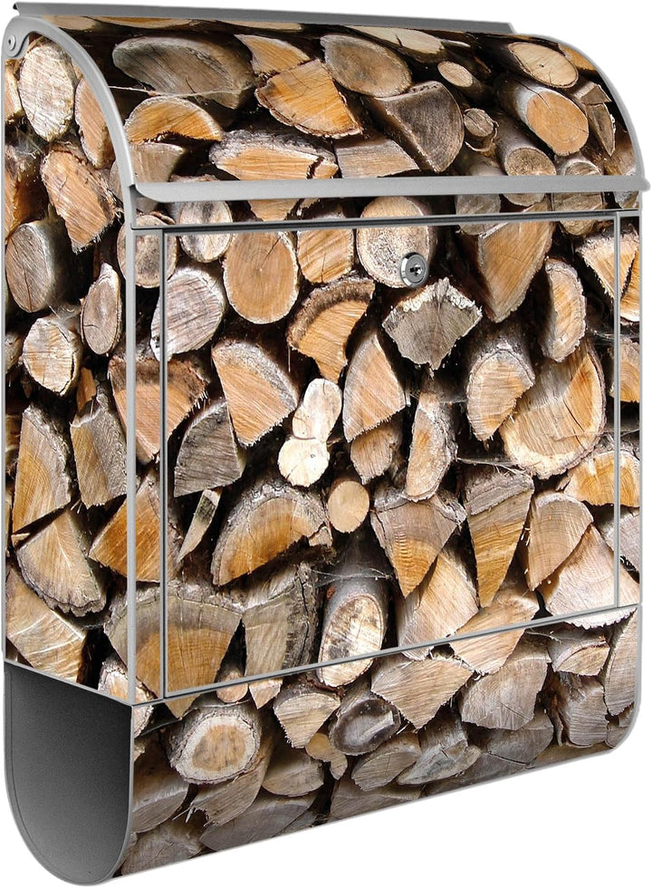 banjado® Design Briefkasten mit Motiv Holzstapel 39x47x14cm &amp; 2 Schlüssel - Briefkasten Stahl Silber