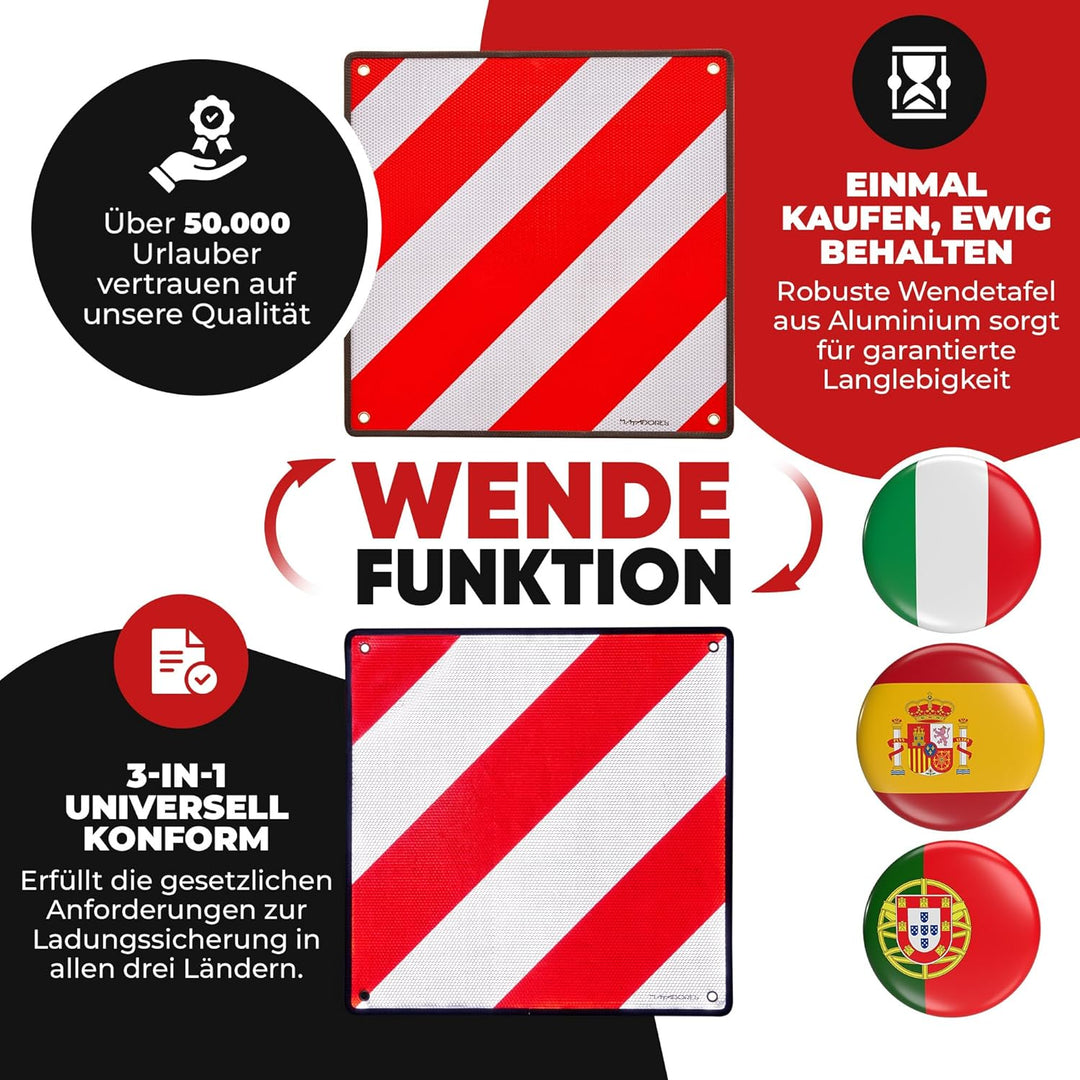MATADORES Premium 2in1 Warntafel für Italien UND Spanien + Portugal inkl. Tasche | Aluminium, 50x50c