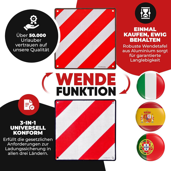 MATADORES Premium 2in1 Warntafel für Italien UND Spanien + Portugal inkl. Tasche | Aluminium, 50x50c