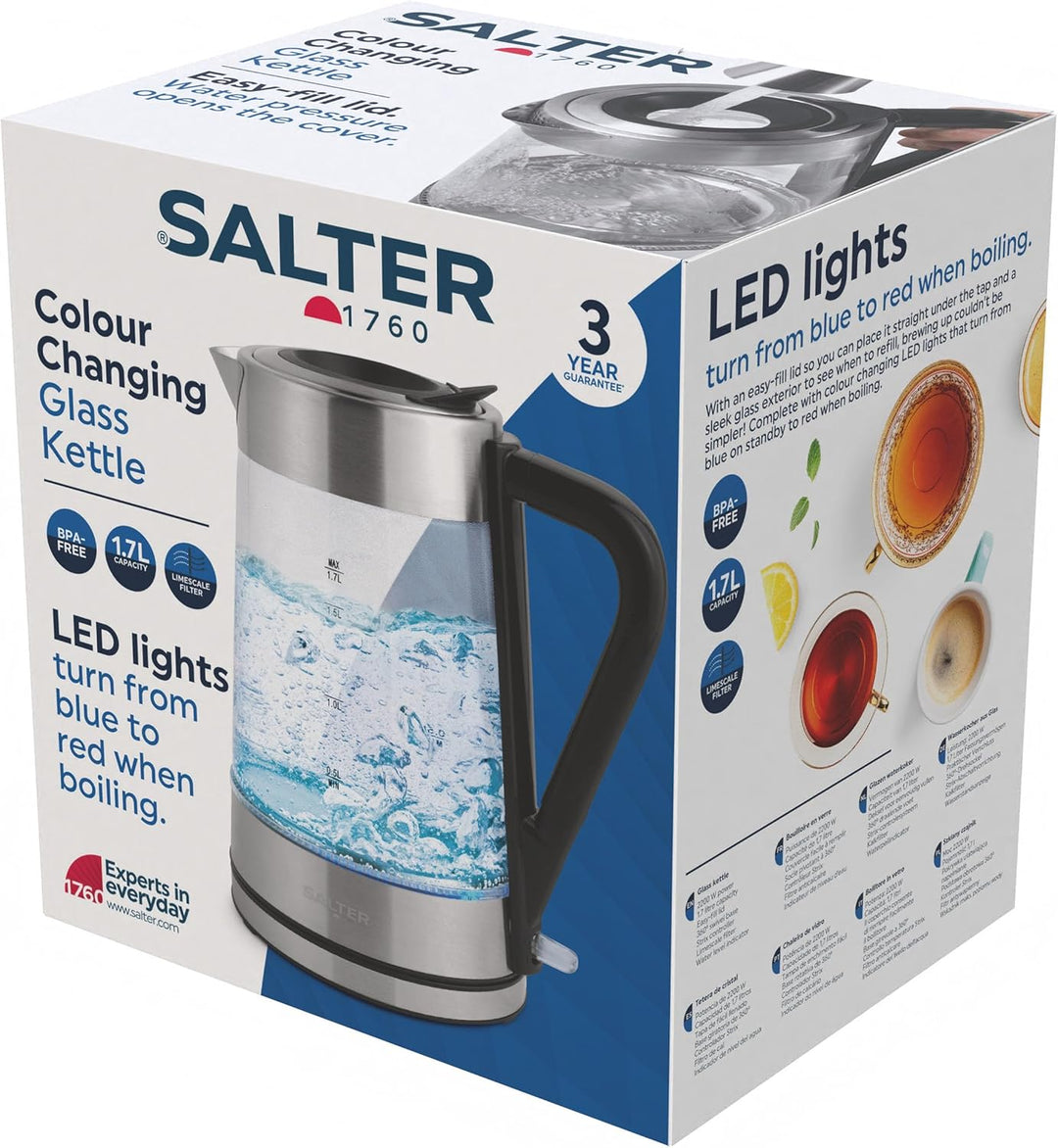 Salter Wasserkocher aus Glas mit Farbwechsel – 1,7 l, LED-Beleuchtung (Blau bis Rot), leicht zu befü