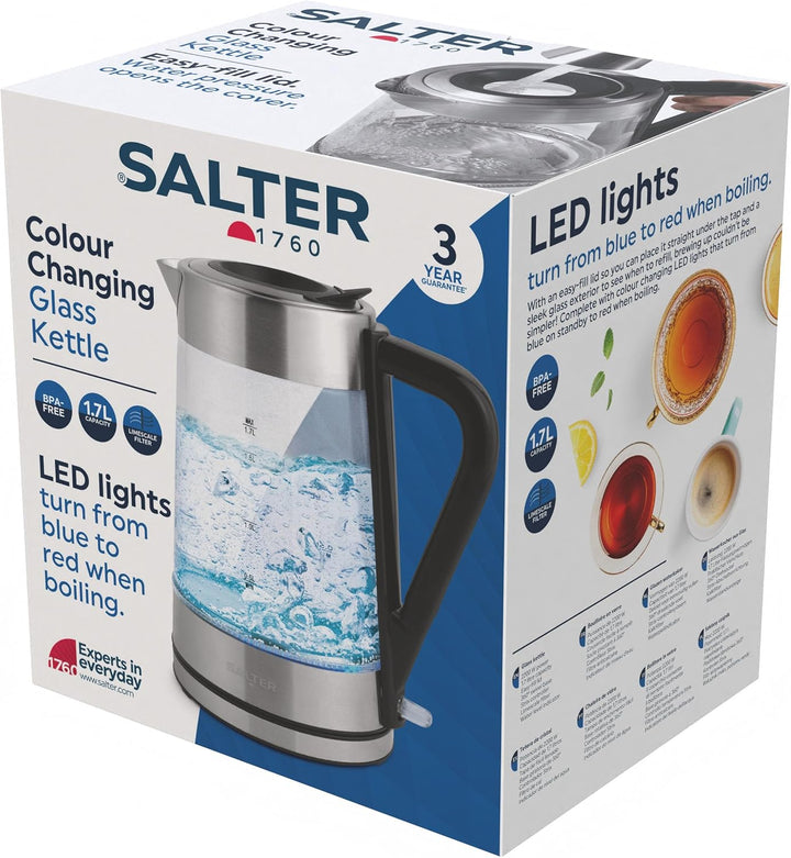 Salter Wasserkocher aus Glas mit Farbwechsel – 1,7 l, LED-Beleuchtung (Blau bis Rot), leicht zu befü