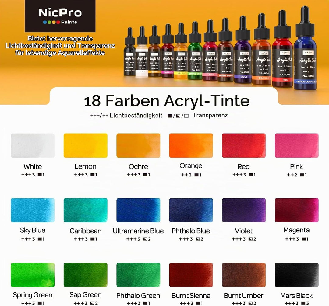 Nicpro 18 Farben Acrylic Ink Set, 30 ml Flasche mit Tropfer, Flüssige Acryltinte Schnell Trocknende,