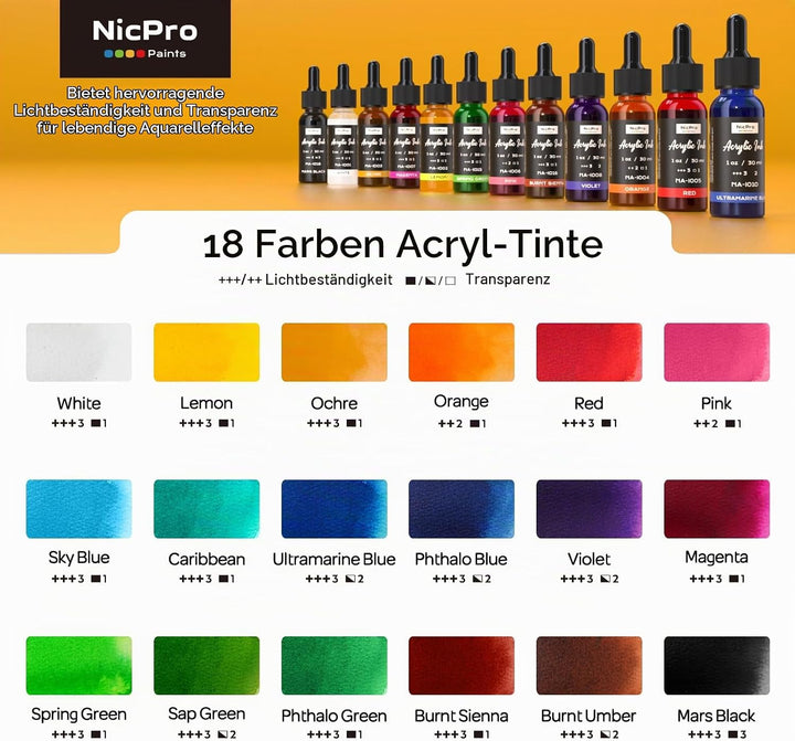 Nicpro 18 Farben Acrylic Ink Set, 30 ml Flasche mit Tropfer, Flüssige Acryltinte Schnell Trocknende,