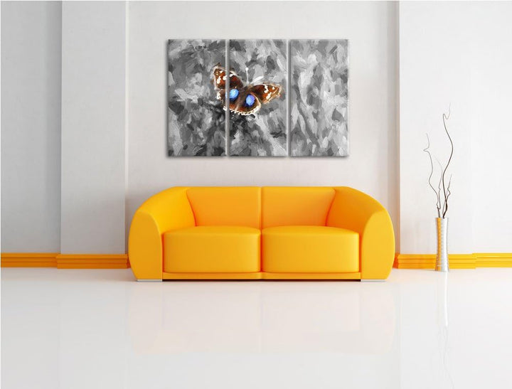 süsser Schmetterling auf Grashalm schwarz/weiss Deluxe 3-Teiler Leinwandbild 120x80 Bild auf Leinwan