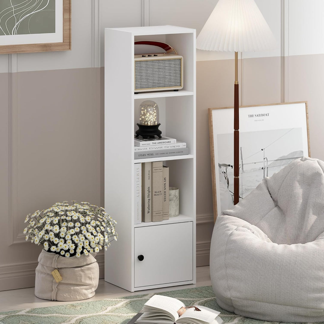 Furinno Luder Bücherregal mit 4 Ablagen und 1 Tür, weiss, 4-Tier Weiss 4-Tier with 1 Door, Weiss 4-T